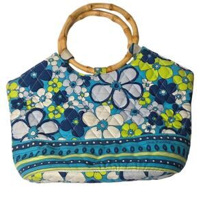 Vera Bradley Small Bamboo Handle Quilted Fabric Blue Petals Purse Handbag Boho
